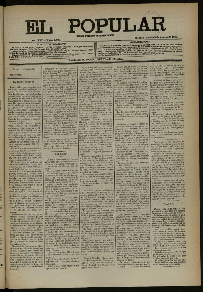 Miniatura de El Popular: diario independiente, político, literario y de noticias de interés general del 7 de agosto de 1890, nº 9833