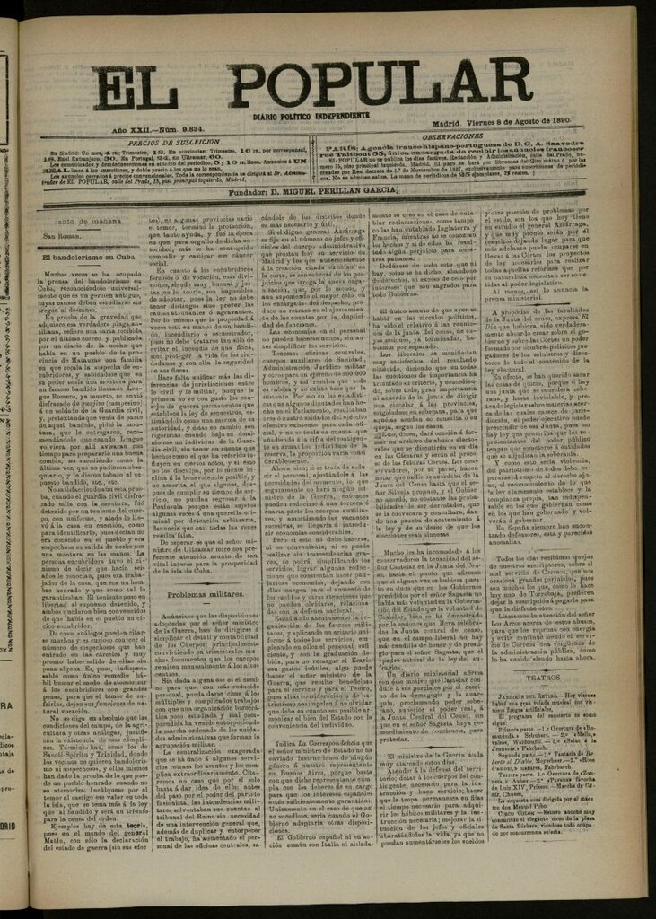 Miniatura de El Popular: diario independiente, político, literario y de noticias de interés general del 8 de agosto de 1890, nº 9834