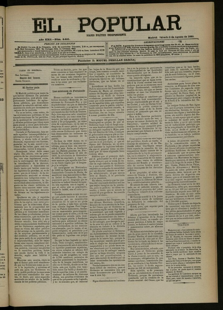 Miniatura de El Popular: diario independiente, político, literario y de noticias de interés general del 9 de agosto de 1890, nº 9835