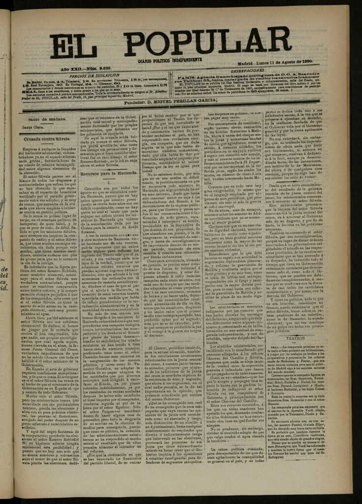 Miniatura de El Popular: diario independiente, político, literario y de noticias de interés general del 11 de agosto de 1890, nº 9836
