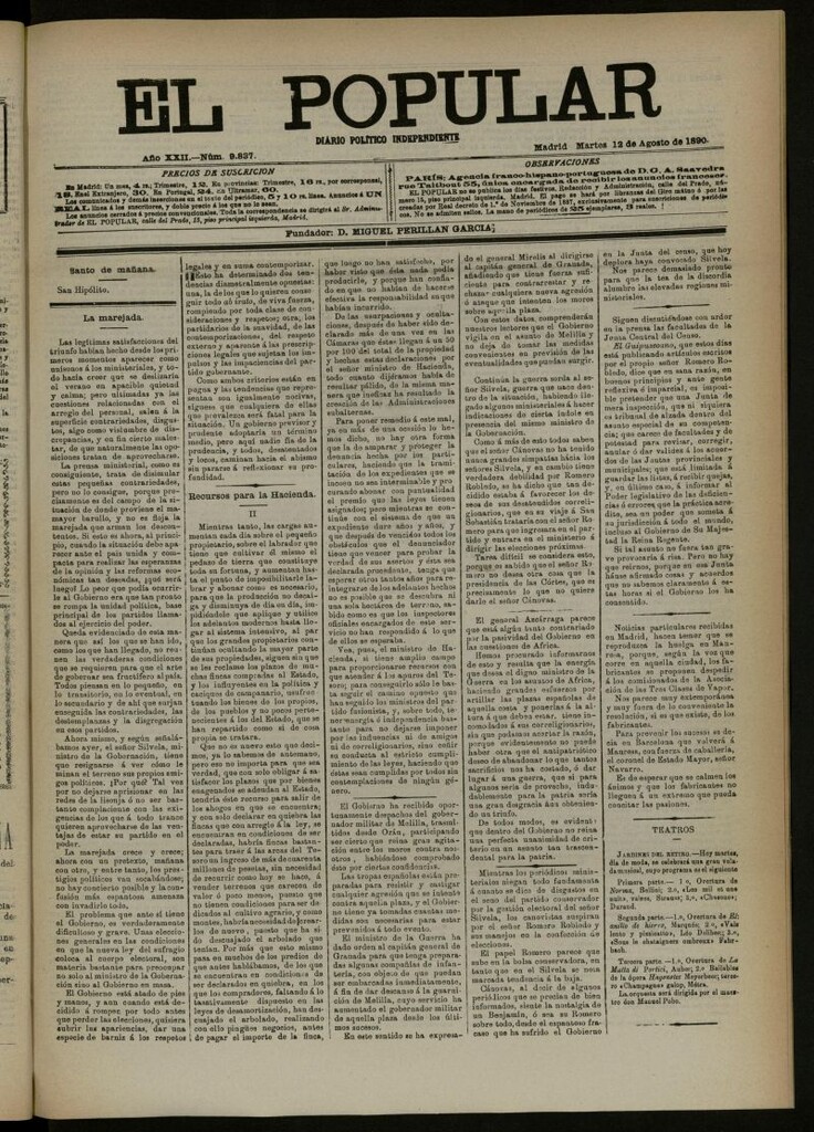 Miniatura de El Popular: diario independiente, político, literario y de noticias de interés general del 12 de agosto de 1890, nº 9837