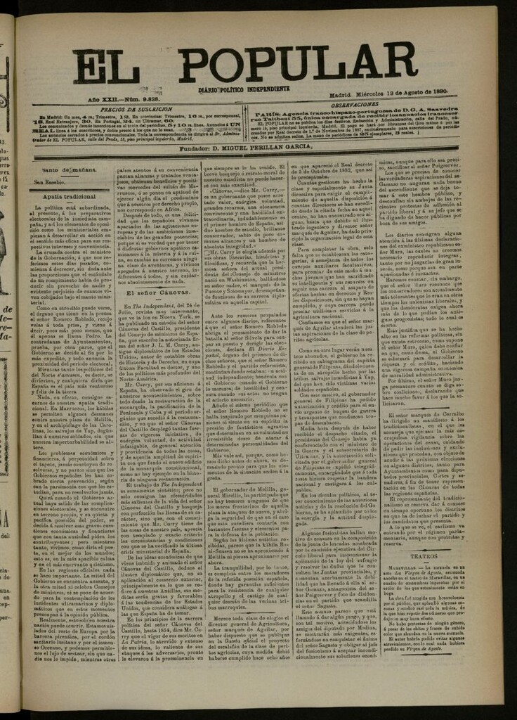 Miniatura de El Popular: diario independiente, político, literario y de noticias de interés general del 13 de agosto de 1890, nº 9838