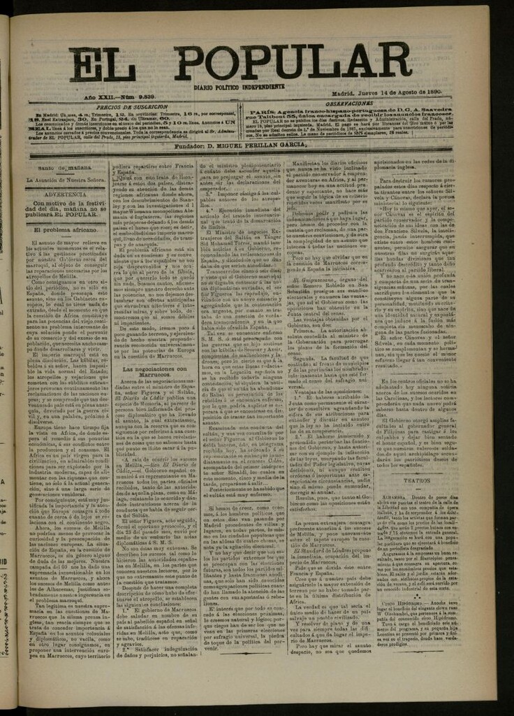 Miniatura de El Popular: diario independiente, político, literario y de noticias de interés general del 14 de agosto de 1890, nº 9839