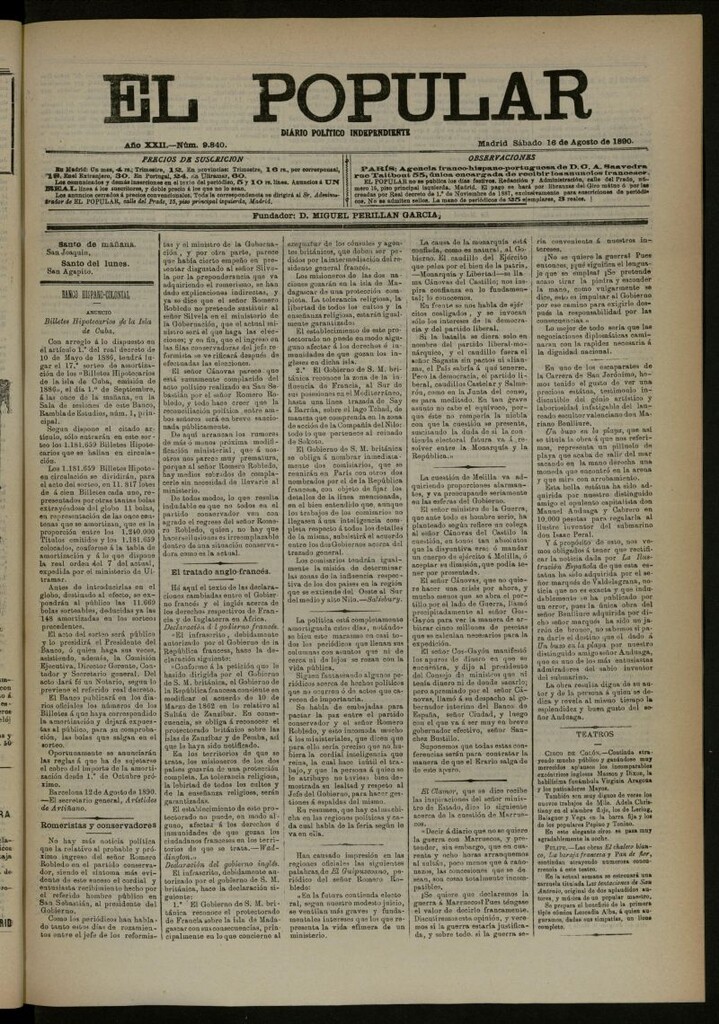 Miniatura de El Popular: diario independiente, político, literario y de noticias de interés general del 16 de agosto de 1890, nº 9840