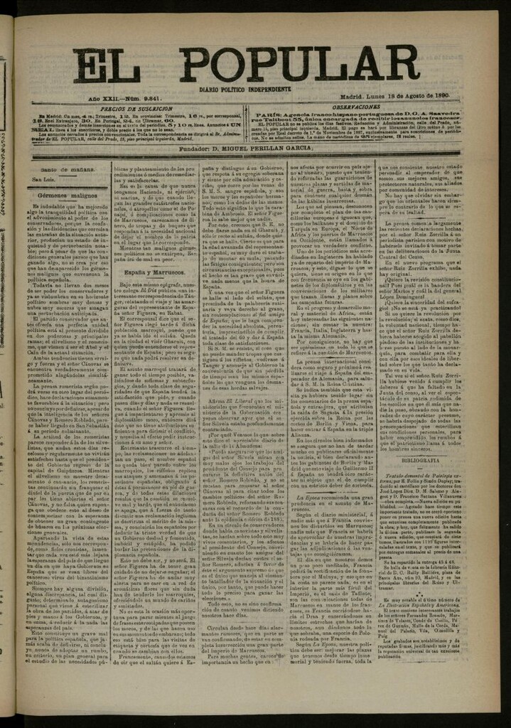 Miniatura de El Popular: diario independiente, político, literario y de noticias de interés general del 18 de agosto de 1890, nº 9841