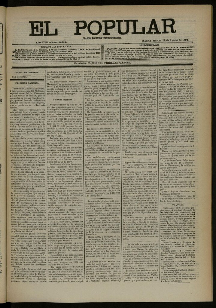 Miniatura de El Popular: diario independiente, político, literario y de noticias de interés general del 19 de agosto de 1890, nº 9842