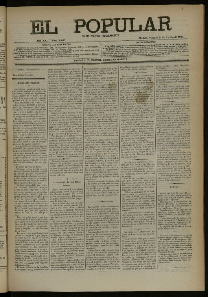 Miniatura de El Popular: diario independiente, político, literario y de noticias de interés general del 22 de agosto de 1890, nº 9845