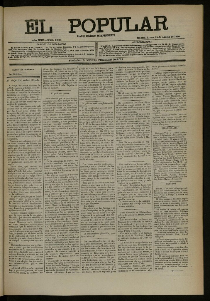 Miniatura de El Popular: diario independiente, político, literario y de noticias de interés general del 25 de agosto de 1890, nº 9847