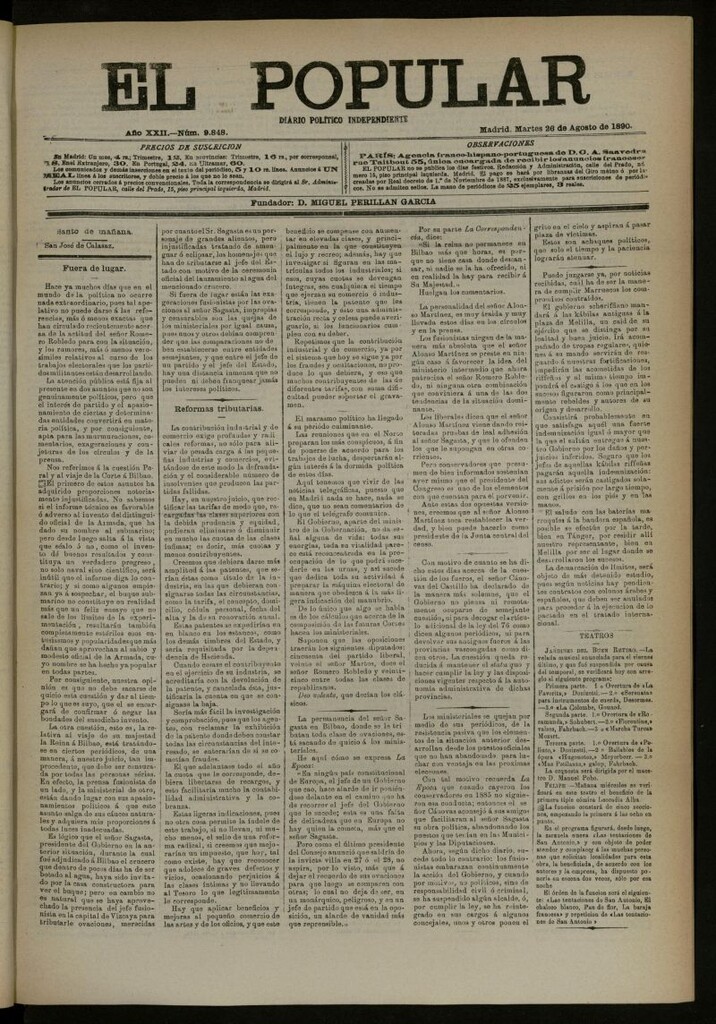Miniatura de El Popular: diario independiente, político, literario y de noticias de interés general del 26 de agosto de 1890, nº 9848