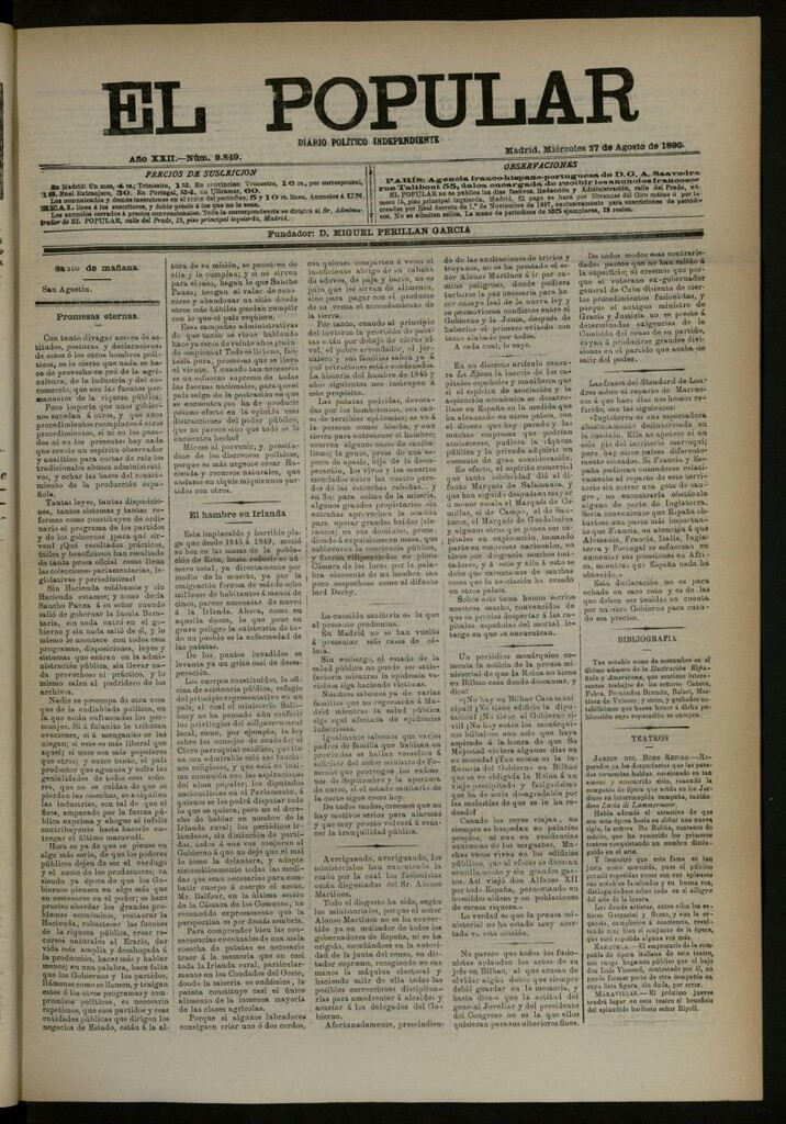 Miniatura de El Popular: diario independiente, político, literario y de noticias de interés general del 27 de agosto de 1890, nº 9849
