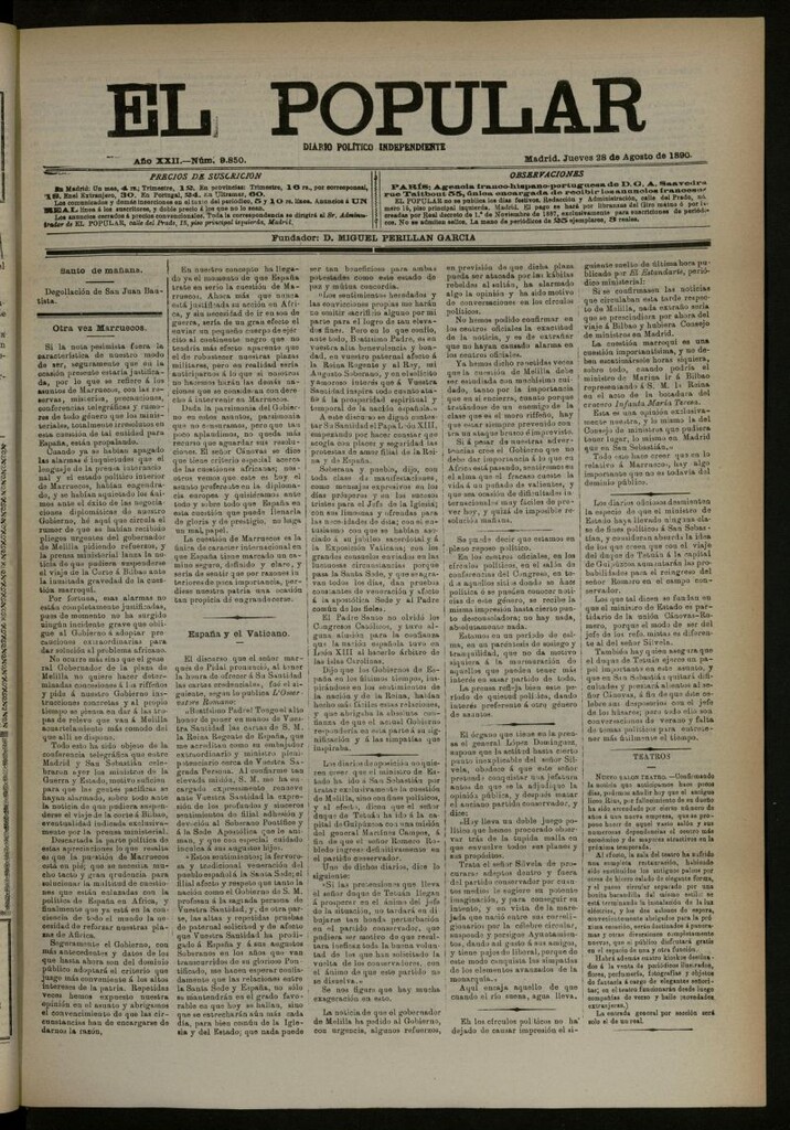 Miniatura de El Popular: diario independiente, político, literario y de noticias de interés general del 28 de agosto de 1890, nº 9850