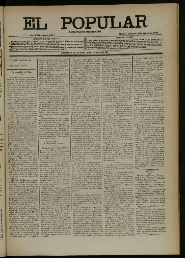 Miniatura de El Popular: diario independiente, político, literario y de noticias de interés general del 29 de agosto de 1890, nº 9851