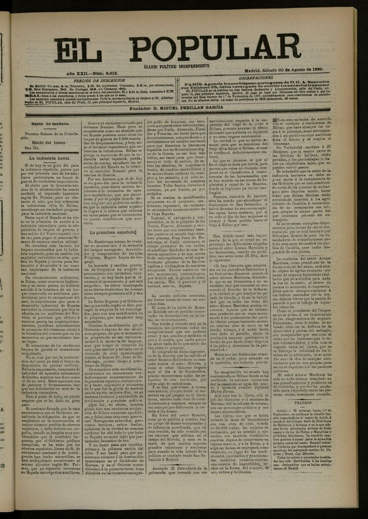 Miniatura de El Popular: diario independiente, político, literario y de noticias de interés general del 30 de agosto de 1890, nº 9852