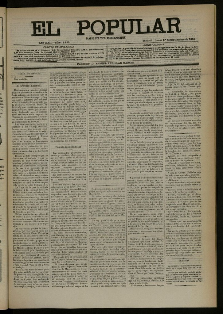 Miniatura de El Popular: diario independiente, político, literario y de noticias de interés general del 1 de septiembre de 1890, nº 9853
