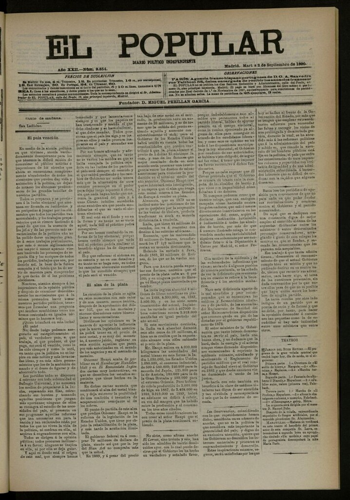 Miniatura de El Popular: diario independiente, político, literario y de noticias de interés general del 2 de septiembre de 1890, nº 9854