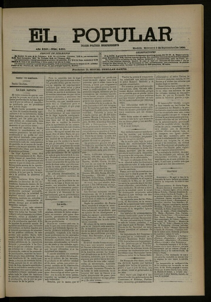 Miniatura de El Popular: diario independiente, político, literario y de noticias de interés general del 3 de septiembre de 1890, nº 9855