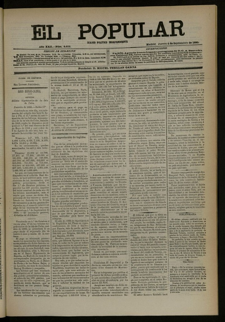 Miniatura de El Popular: diario independiente, político, literario y de noticias de interés general del 4 de septiembre de 1890, nº 9856