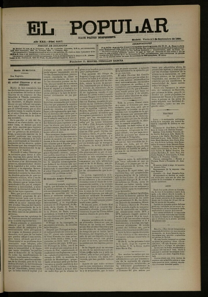 Miniatura de El Popular: diario independiente, político, literario y de noticias de interés general del 5 de septiembre de 1890, nº 9857