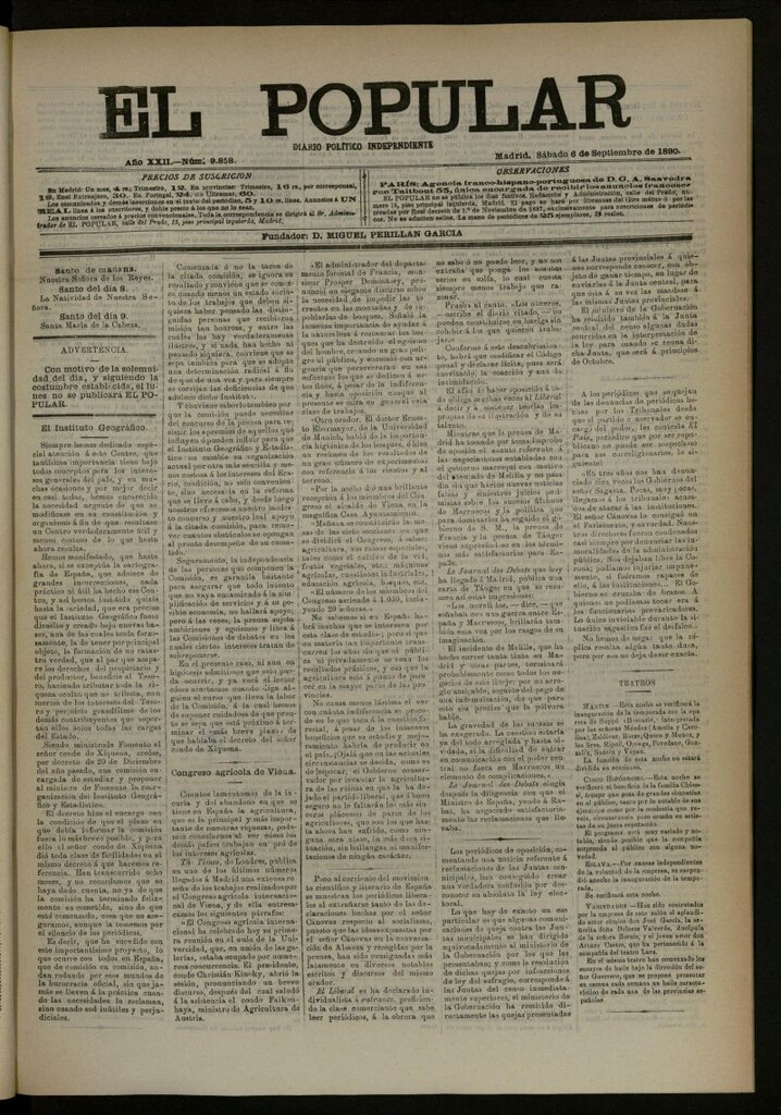Miniatura de El Popular: diario independiente, político, literario y de noticias de interés general del 6 de septiembre de 1890, nº 9858