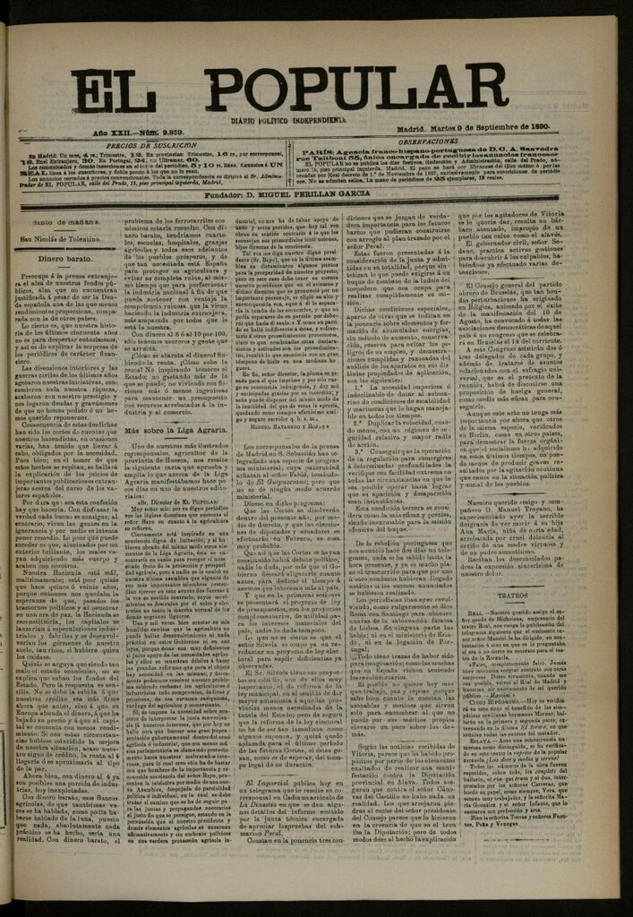 Miniatura de El Popular: diario independiente, político, literario y de noticias de interés general del 9 de septiembre de 1890, nº 9859