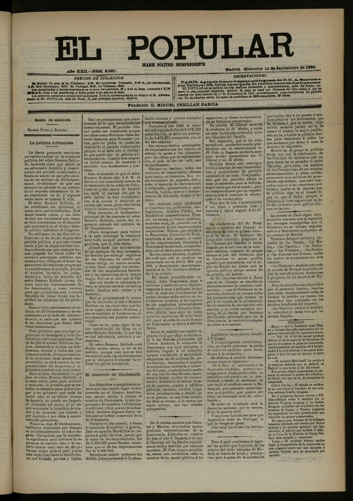 Miniatura de El Popular: diario independiente, político, literario y de noticias de interés general del 10 de septiembre de 1890, nº 9860