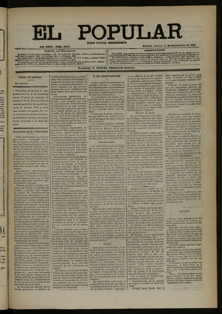 Miniatura de El Popular: diario independiente, político, literario y de noticias de interés general del 11 de septiembre de 1890, nº 9861