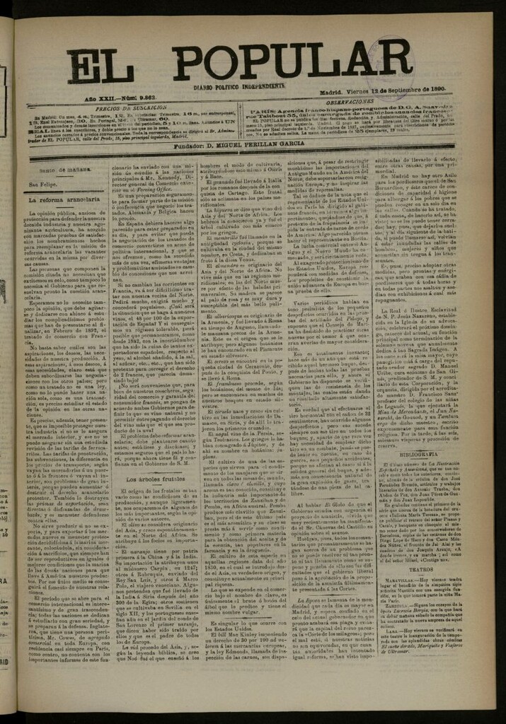 Miniatura de El Popular: diario independiente, político, literario y de noticias de interés general del 12 de septiembre de 1890, nº 9862