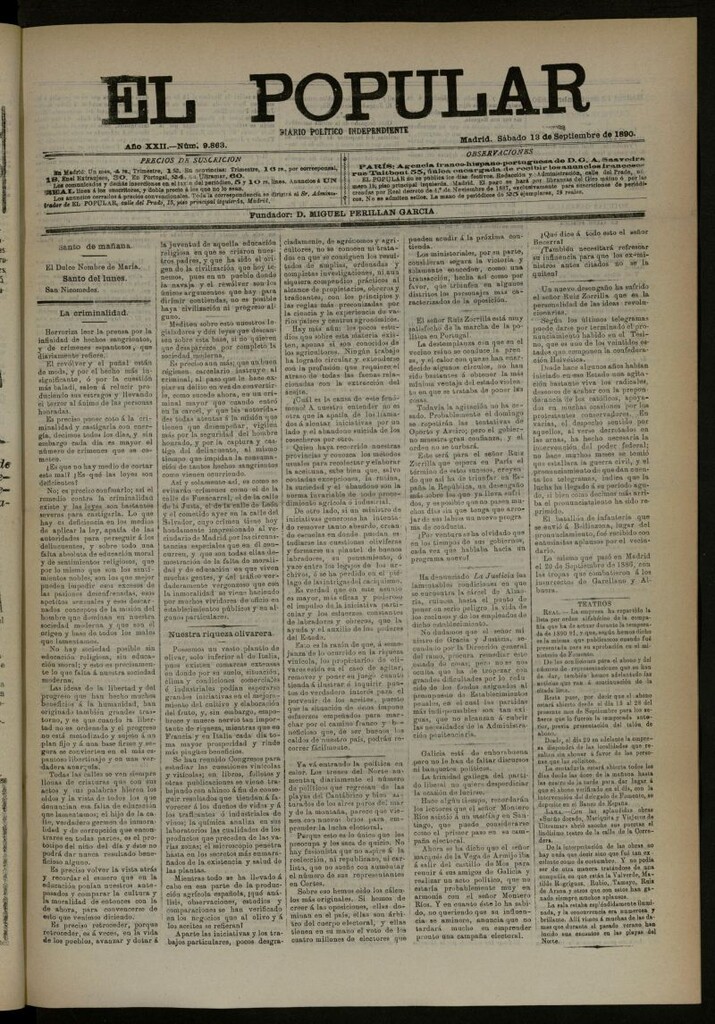 Miniatura de El Popular: diario independiente, político, literario y de noticias de interés general del 13 de septiembre de 1890, nº 9863