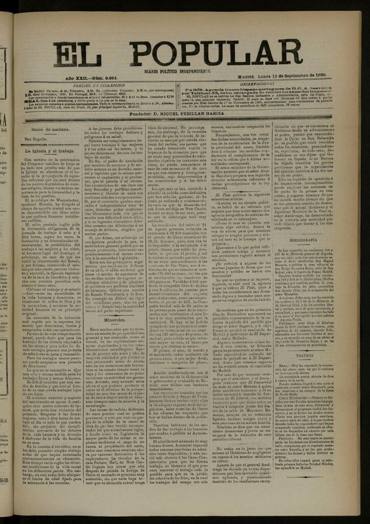 Miniatura de El Popular: diario independiente, político, literario y de noticias de interés general del 15 de septiembre de 1890, nº 9864