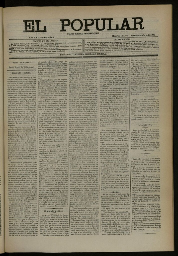 Miniatura de El Popular: diario independiente, político, literario y de noticias de interés general del 16 de septiembre de 1890, nº 9865