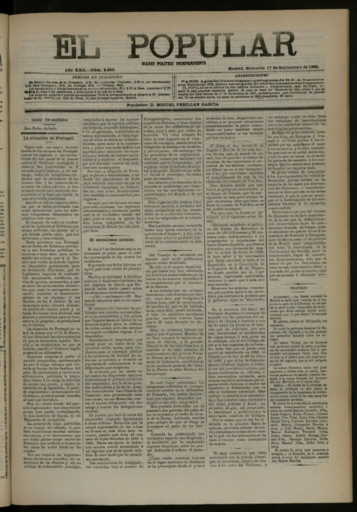Miniatura de El Popular: diario independiente, político, literario y de noticias de interés general del 17 de septiembre de 1890, nº 9866