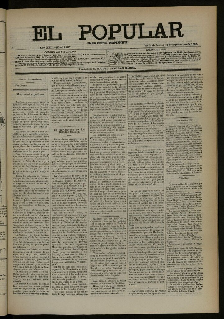 Miniatura de El Popular: diario independiente, político, literario y de noticias de interés general del 18 de septiembre de 1890, nº 9867