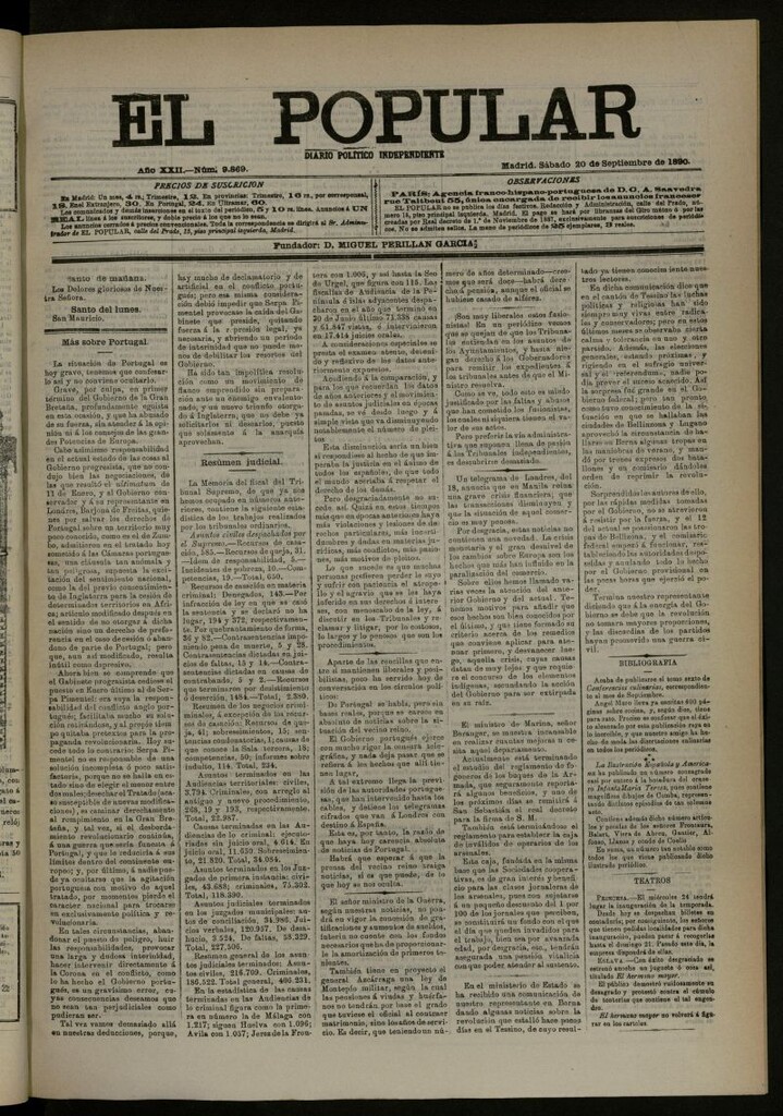 Miniatura de El Popular: diario independiente, político, literario y de noticias de interés general del 20 de septiembre de 1890, nº 9869