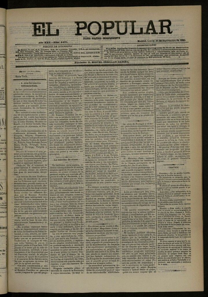 Miniatura de El Popular: diario independiente, político, literario y de noticias de interés general del 22 de septiembre de 1890, nº 9870