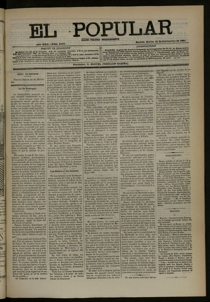 Miniatura de El Popular: diario independiente, político, literario y de noticias de interés general del 23 de septiembre de 1890, nº 9871