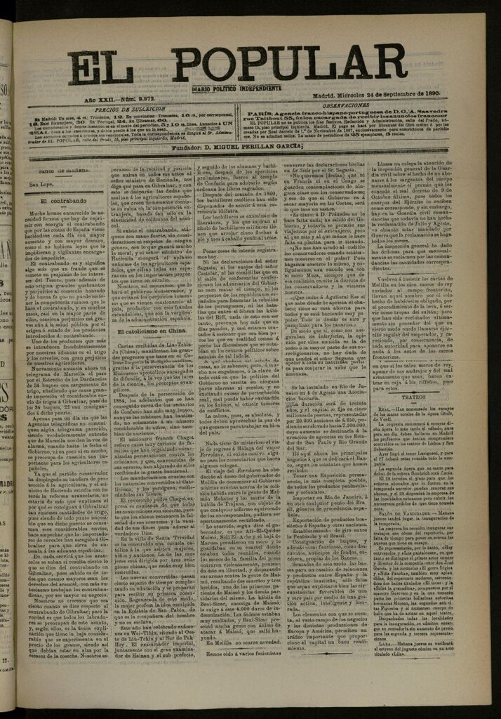 Miniatura de El Popular: diario independiente, político, literario y de noticias de interés general del 24 de septiembre de 1890, nº 9872