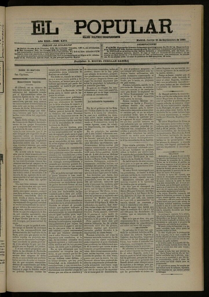 Miniatura de El Popular: diario independiente, político, literario y de noticias de interés general del 25 de septiembre de 1890, nº 9873