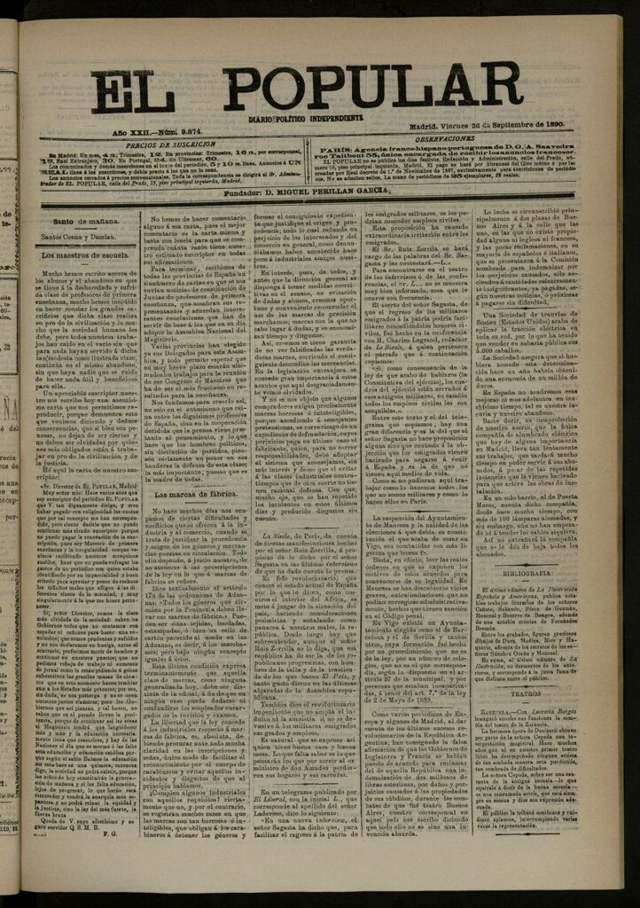 Miniatura de El Popular: diario independiente, político, literario y de noticias de interés general del 26 de septiembre de 1890, nº 9874