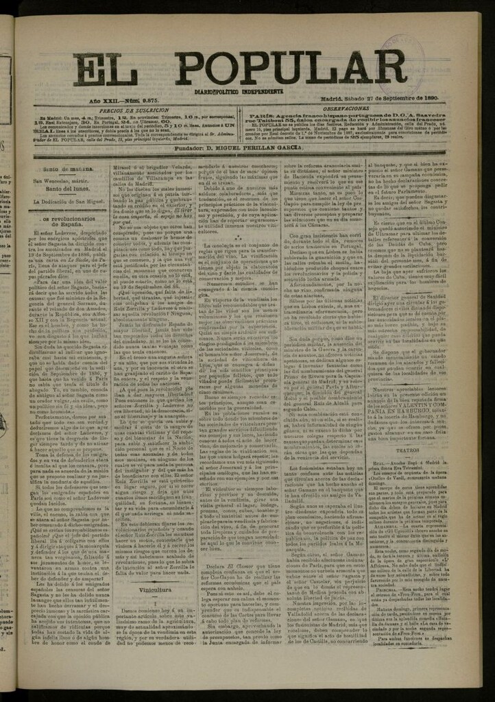 Miniatura de El Popular: diario independiente, político, literario y de noticias de interés general del 27 de septiembre de 1890, nº 9875