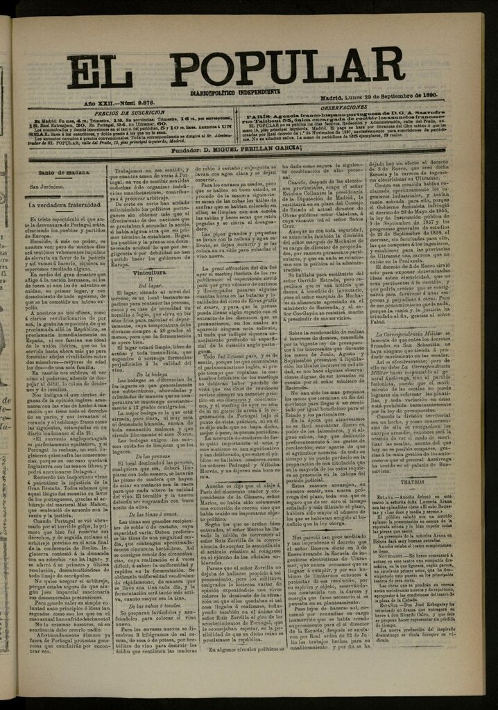 Miniatura de El Popular: diario independiente, político, literario y de noticias de interés general del 29 de septiembre de 1890, nº 9876