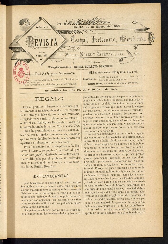 Miniatura de Revista Teatral, Literaria, Científica, de Bellas Artes y Espectáculos. Nº 223