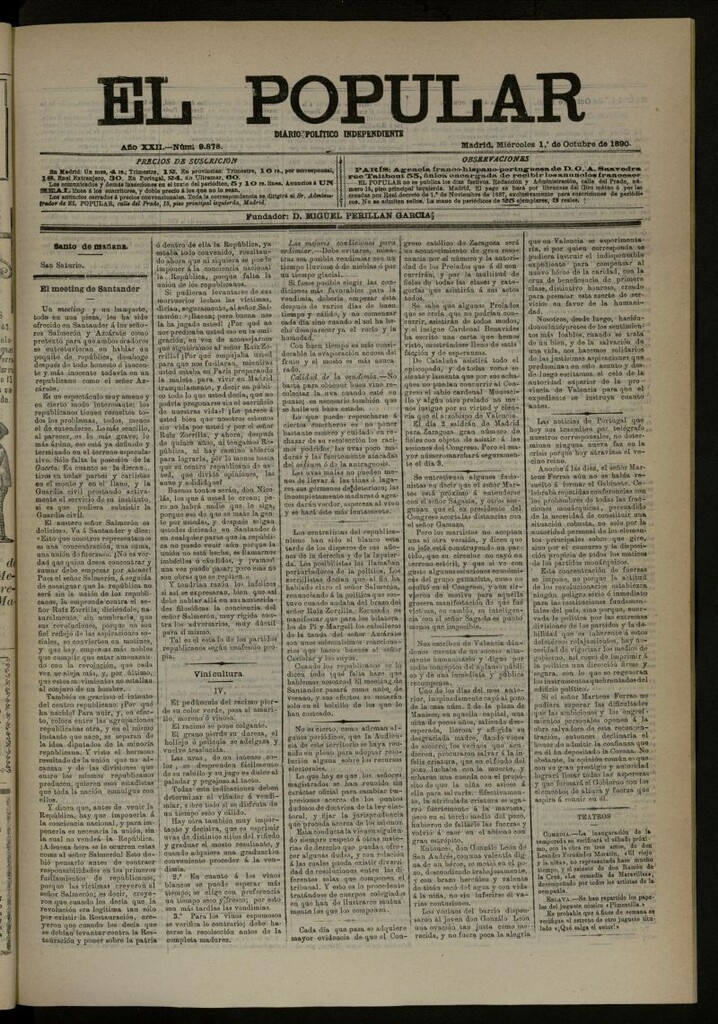 Miniatura de El Popular: diario independiente, político, literario y de noticias de interés general del 1 de octubre de 1890, nº 9878