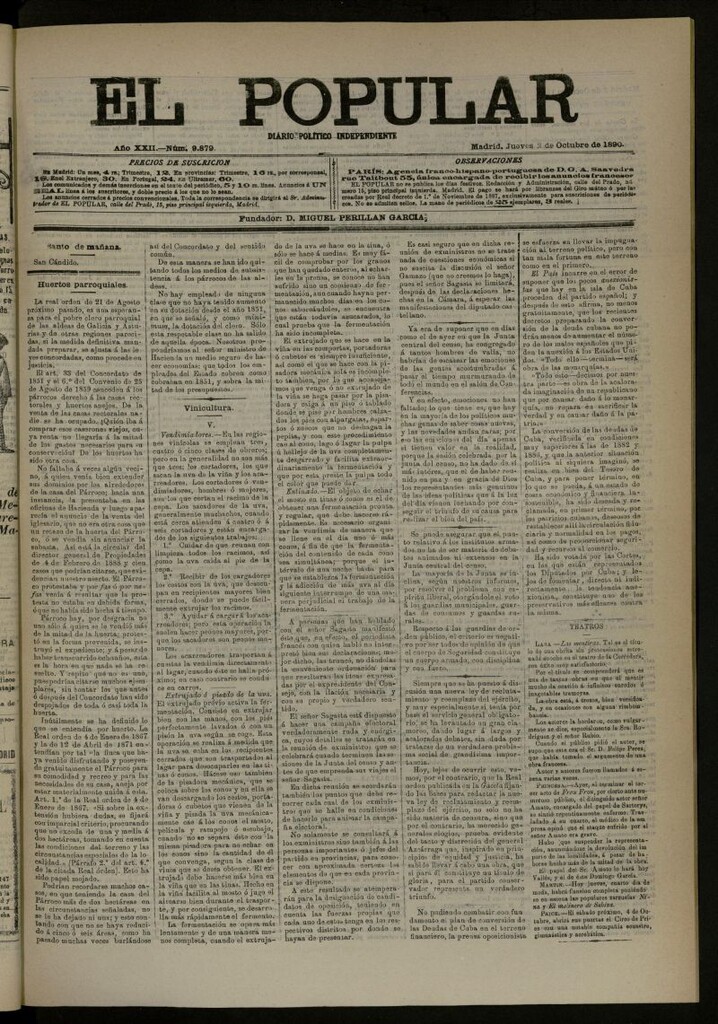 Miniatura de El Popular: diario independiente, político, literario y de noticias de interés general del 2 de octubre de 1890, nº 9879