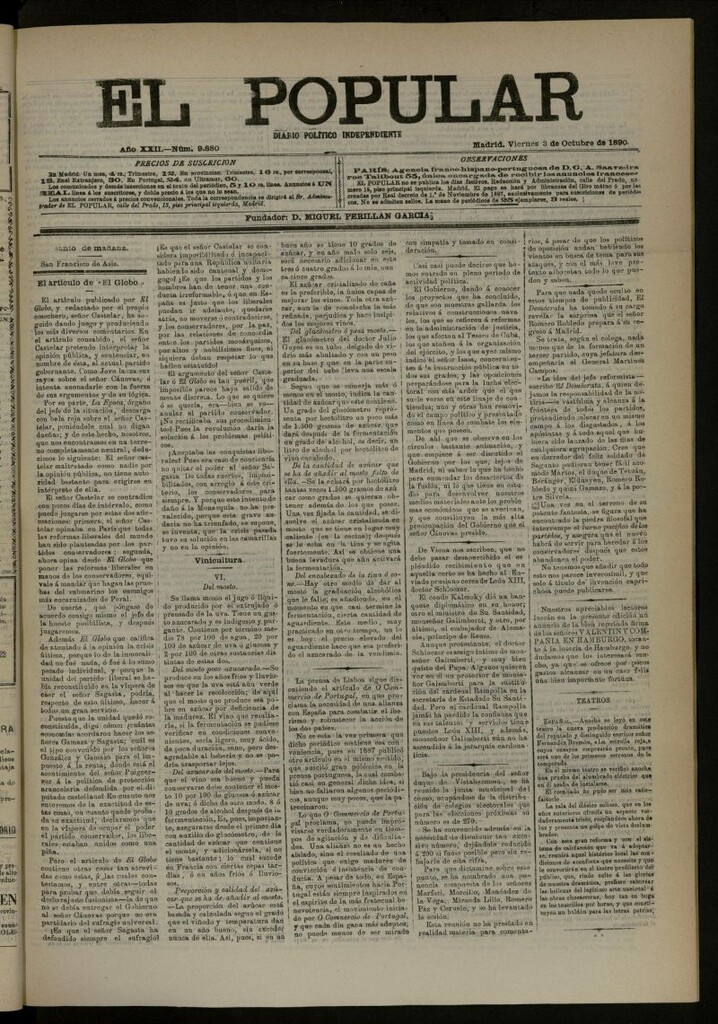 Miniatura de El Popular: diario independiente, político, literario y de noticias de interés general del 3 de octubre de 1890, nº 9880