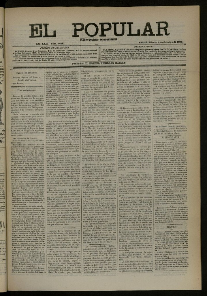 Miniatura de El Popular: diario independiente, político, literario y de noticias de interés general del 4 de octubre de 1890, nº 9881