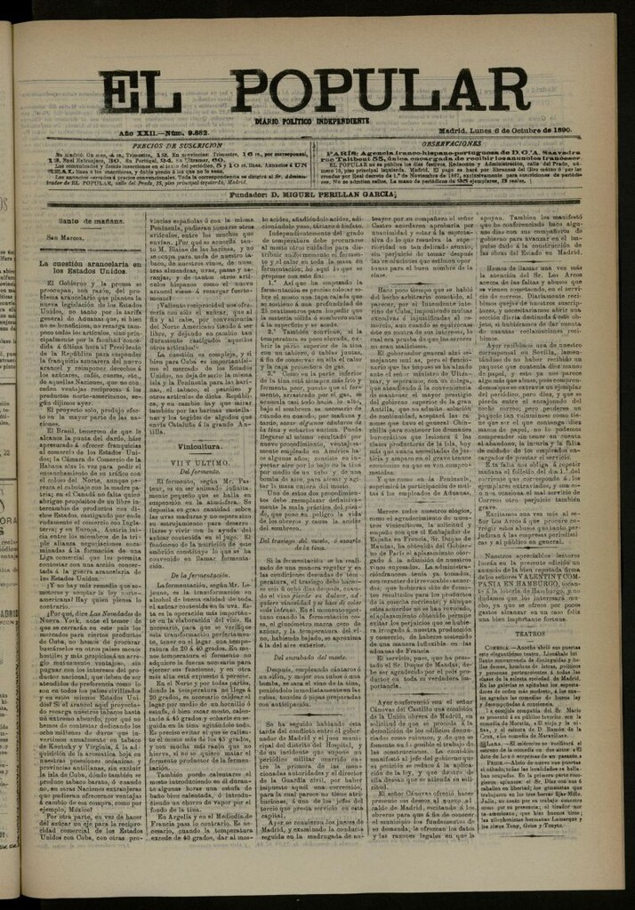 Miniatura de El Popular: diario independiente, político, literario y de noticias de interés general del 6 de octubre de 1890, nº 9882