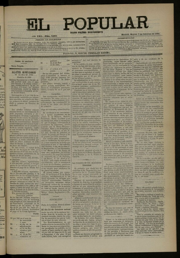 Miniatura de El Popular: diario independiente, político, literario y de noticias de interés general del 7 de octubre de 1890, nº 9883