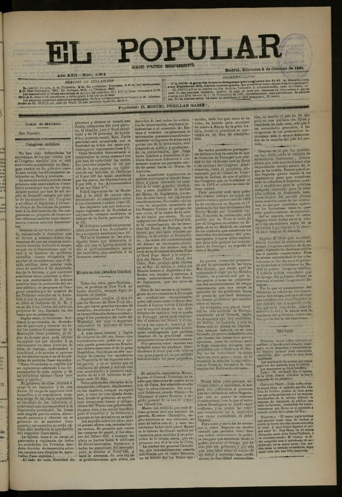 Miniatura de El Popular: diario independiente, político, literario y de noticias de interés general del 8 de octubre de 1890, nº 9884