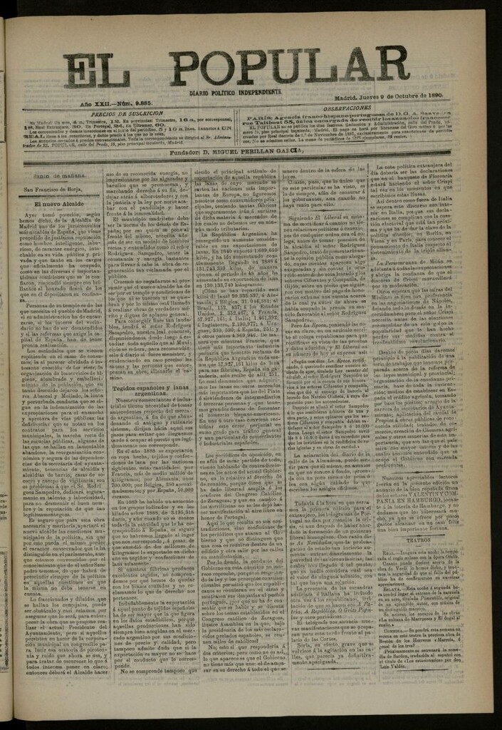 Miniatura de El Popular: diario independiente, político, literario y de noticias de interés general del 9 de octubre de 1890, nº 9885