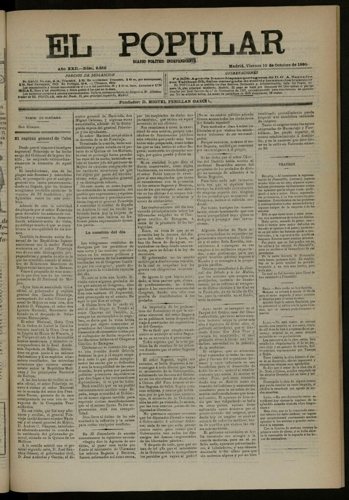 Miniatura de El Popular: diario independiente, político, literario y de noticias de interés general del 10 de octubre de 1890, nº 9886